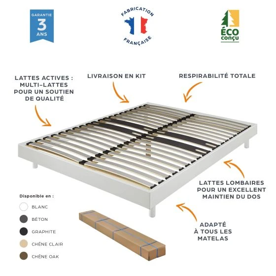 Sommier + Pieds + Matelas Blanc DecoKit 140x190