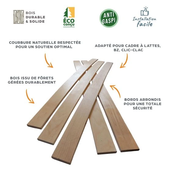 5 lattes - 780x48x8 mm - lit 160 - pour sommier / bz / clic clac