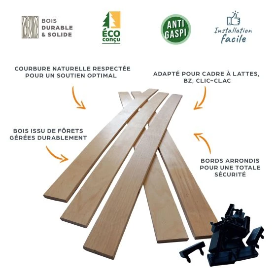 15 lattes + 30 embouts - 880x48x8 mm - lit 90 - pour sommier / bz / clic clac